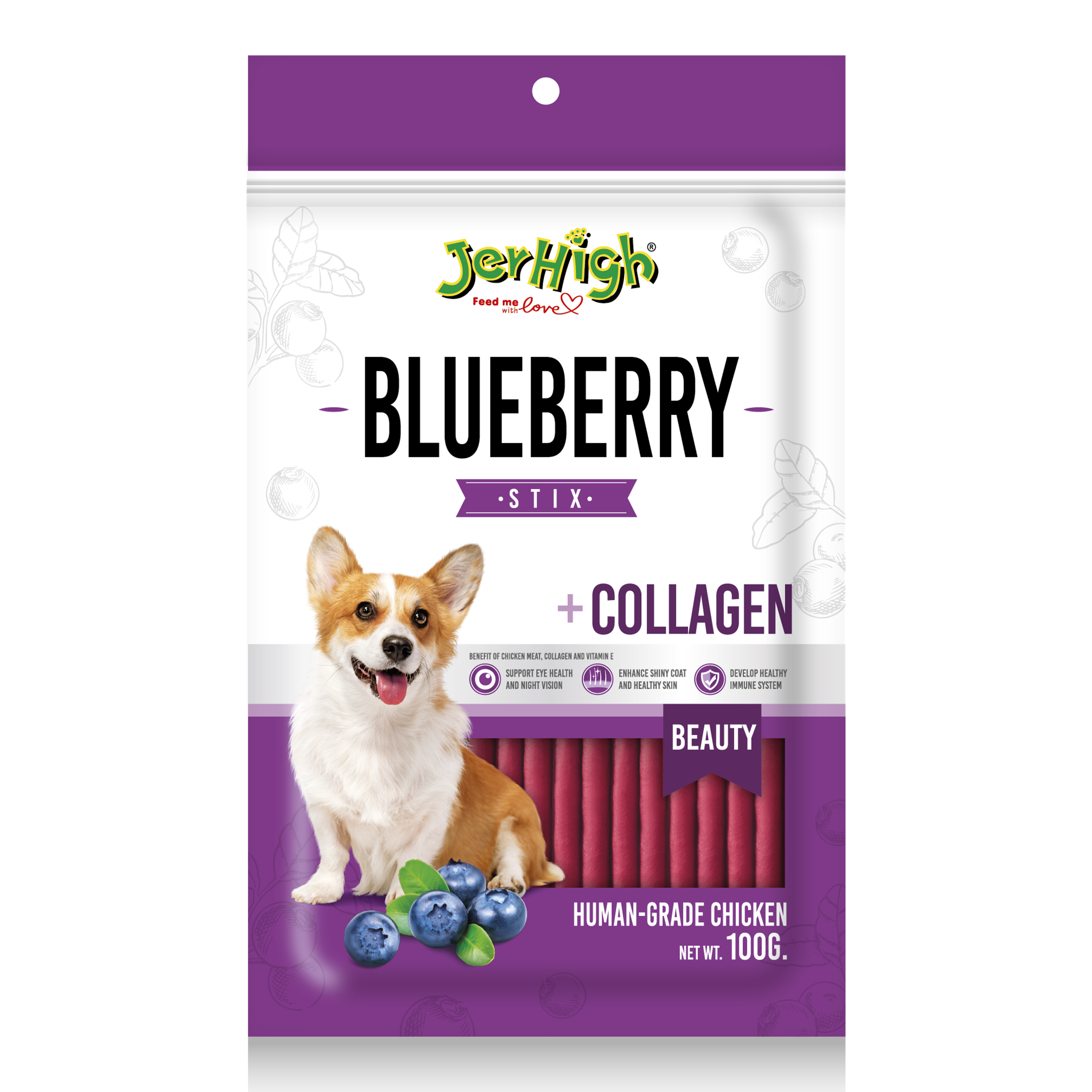 Snack Anjing Jerhigh Chicken With Blueberry Stick 100g