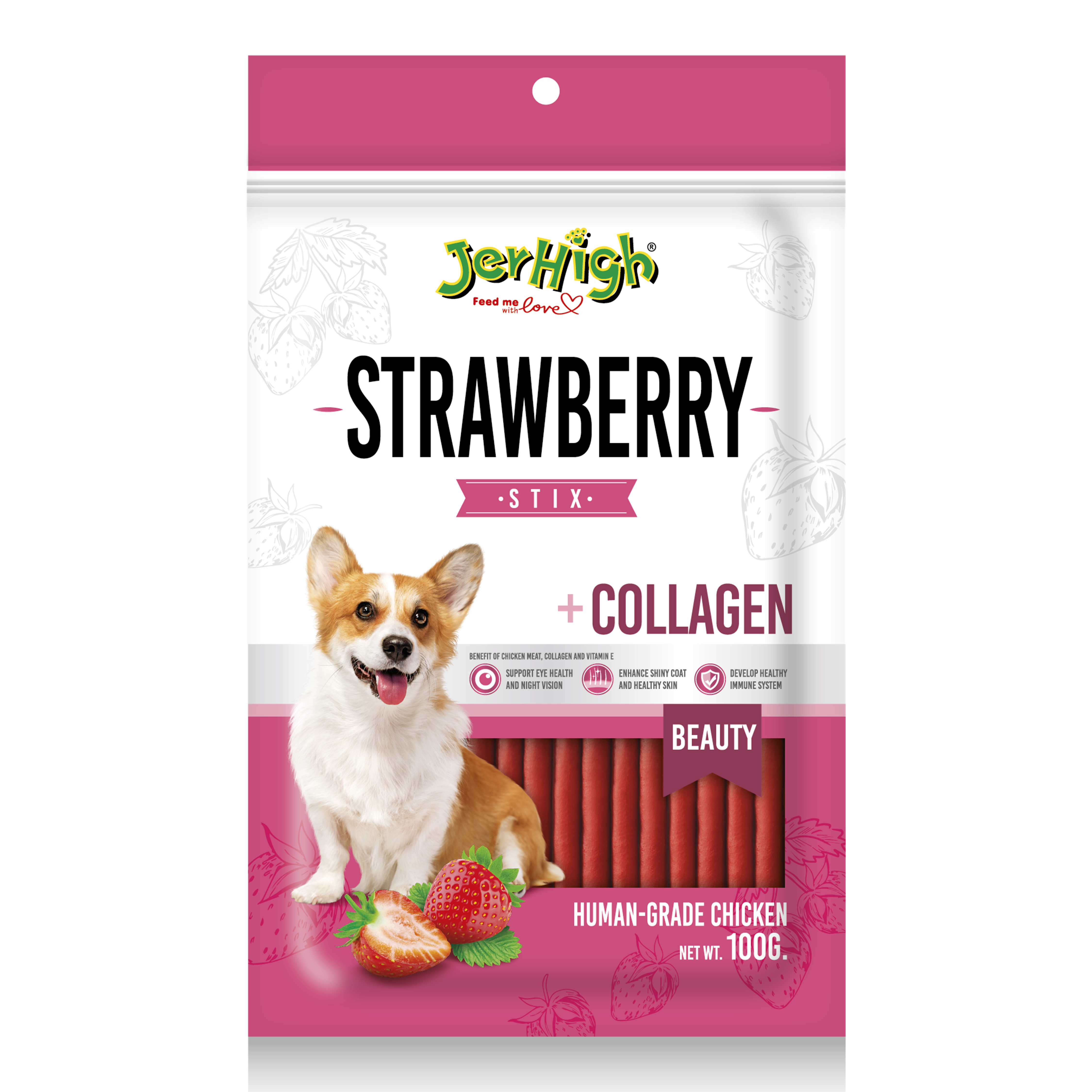 Snack Anjing Jerhigh Chicken With Strawberry Stick 100g