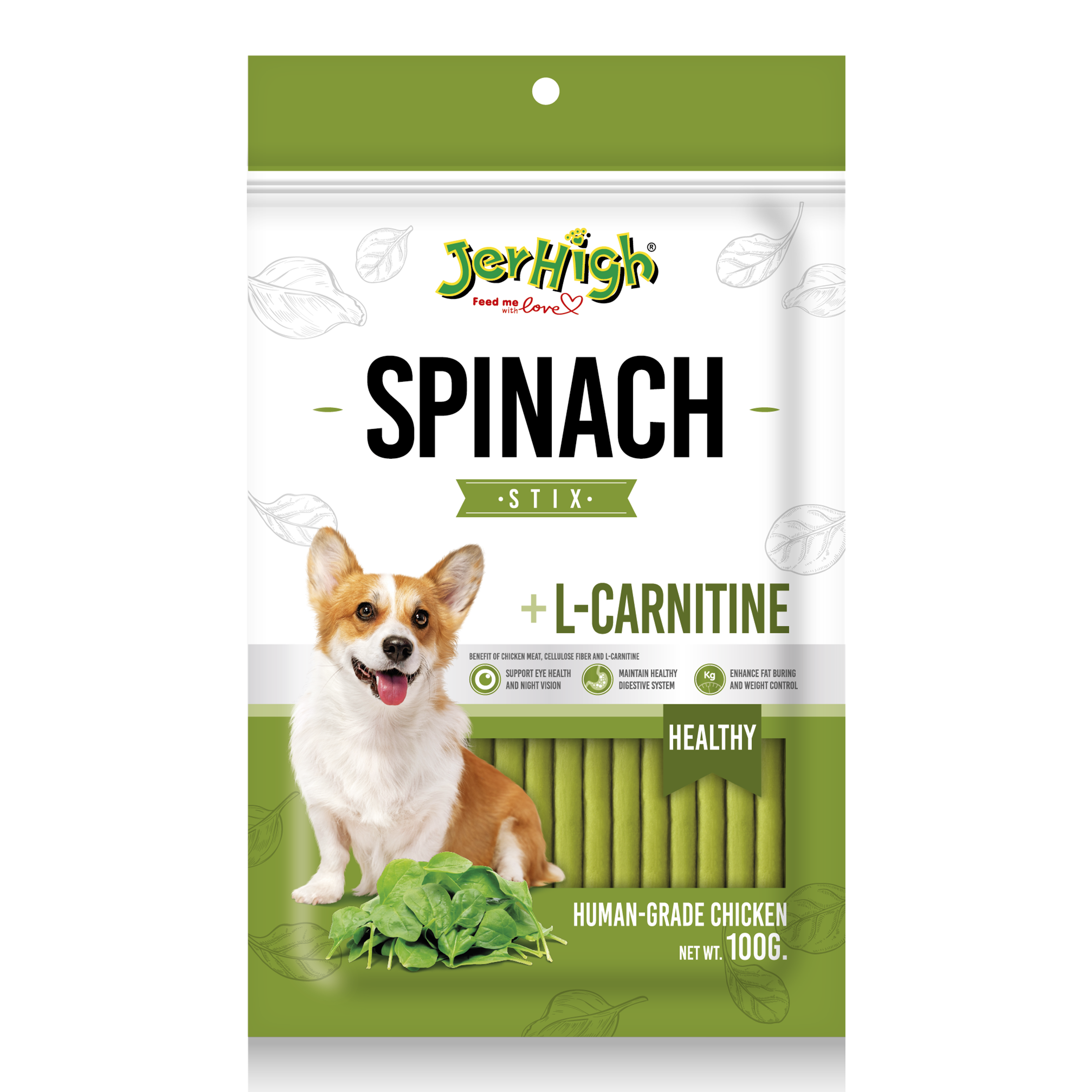 Snack Anjing Jerhigh Chicken With Spinach Stick 100g